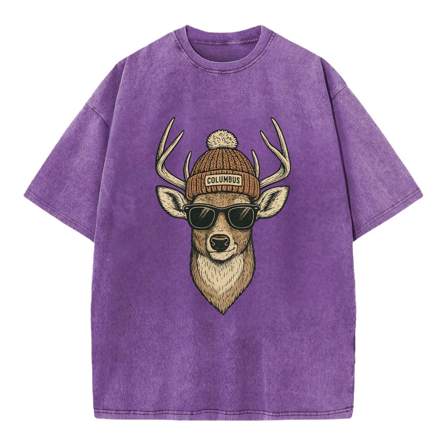 Ohio White-tailed Deer wearing Columbus beanie with pom pom and wayfarer - Vintage T-shirt - Purple