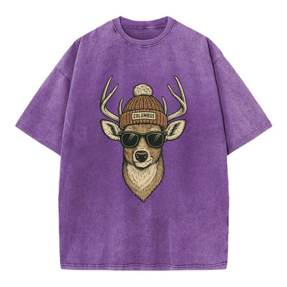 Ohio White-tailed Deer wearing Columbus beanie with pom pom and wayfarer - Vintage T-shirt - Purple