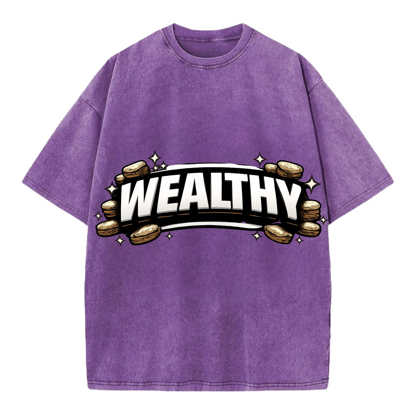 Bold typography design - "WEALTHY" - financial abundance, rich life - Vintage T-shirt - Purple