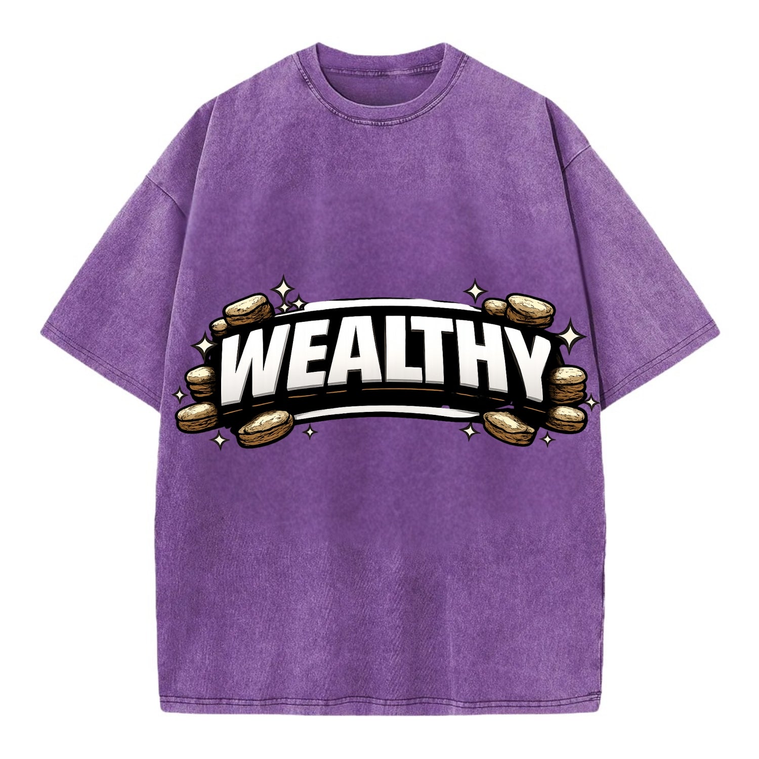 Bold typography design - "WEALTHY" - financial abundance, rich life - Vintage T-shirt - Purple