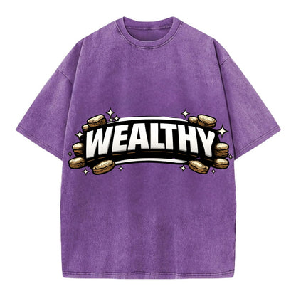 Bold typography design - "WEALTHY" - financial abundance, rich life - Vintage T-shirt - Purple