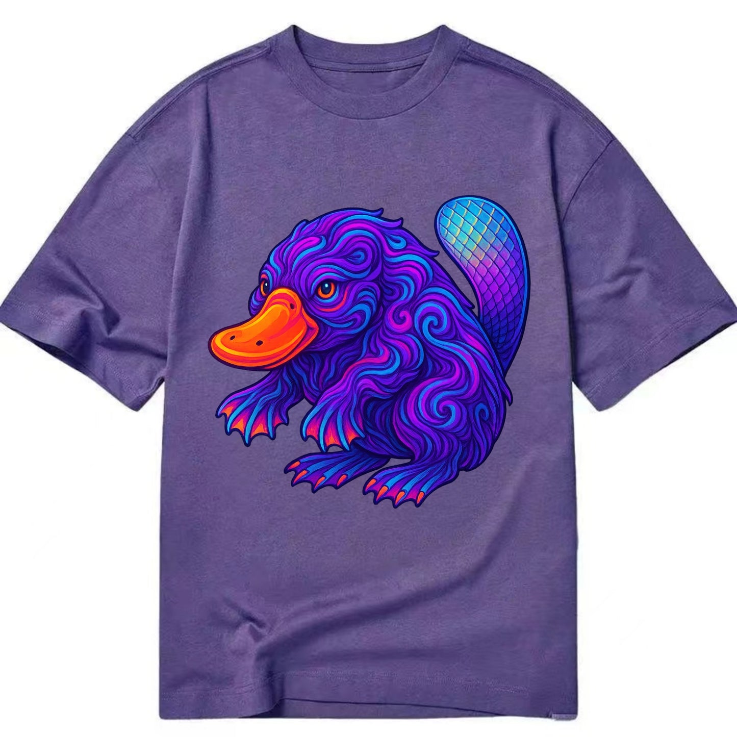 Quirky platypus with bill glowing in neon orange, beaver tail with holographic - Classic T-shirt - Purple