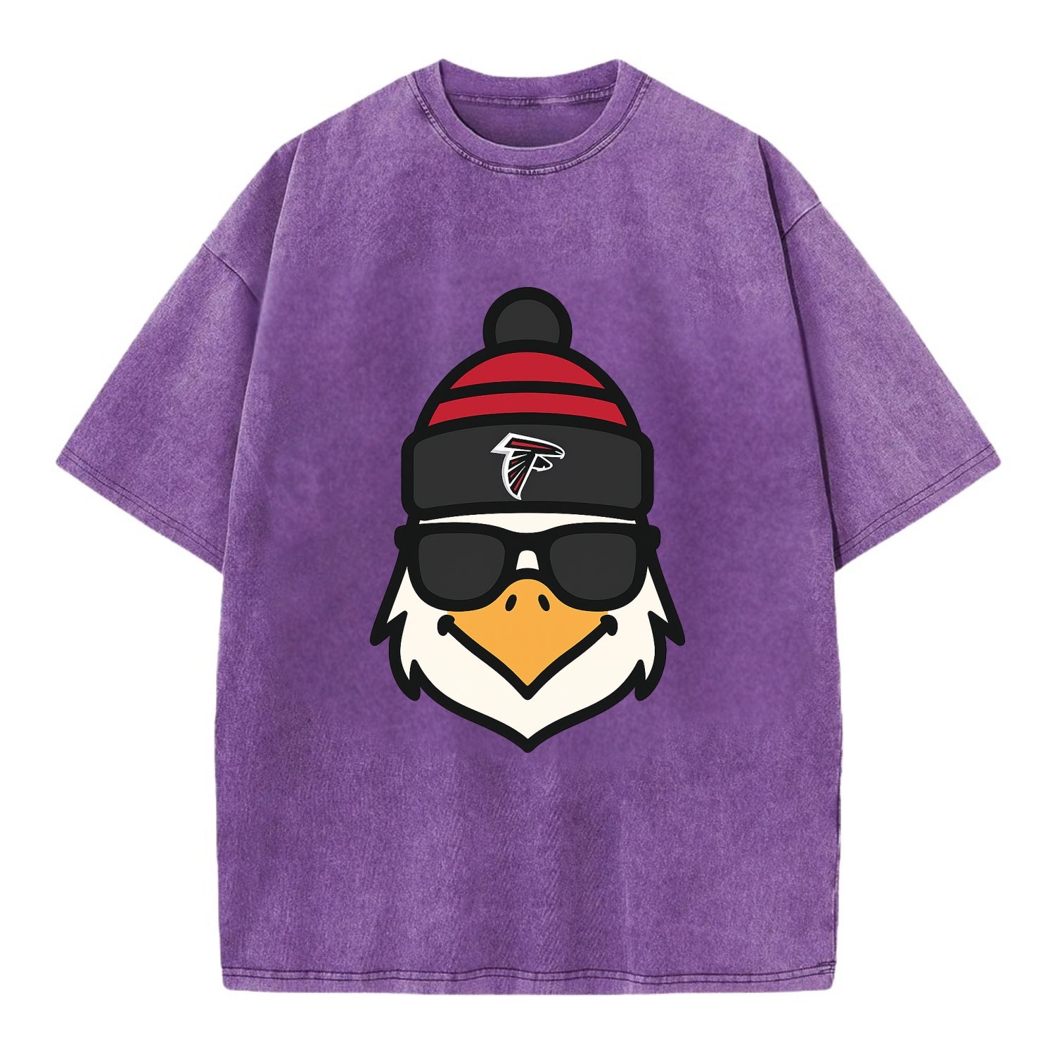 Atlanta Falcon wearing Falcons red and black beanie with pom pom and wayfarer - Vintage T-shirt - Purple