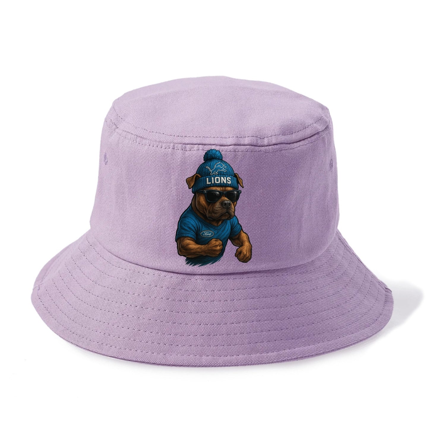 Detroit Pitbull wearing Lions beanie with auto patch and wayfarer sunglasses - Bucket Hat - Purple