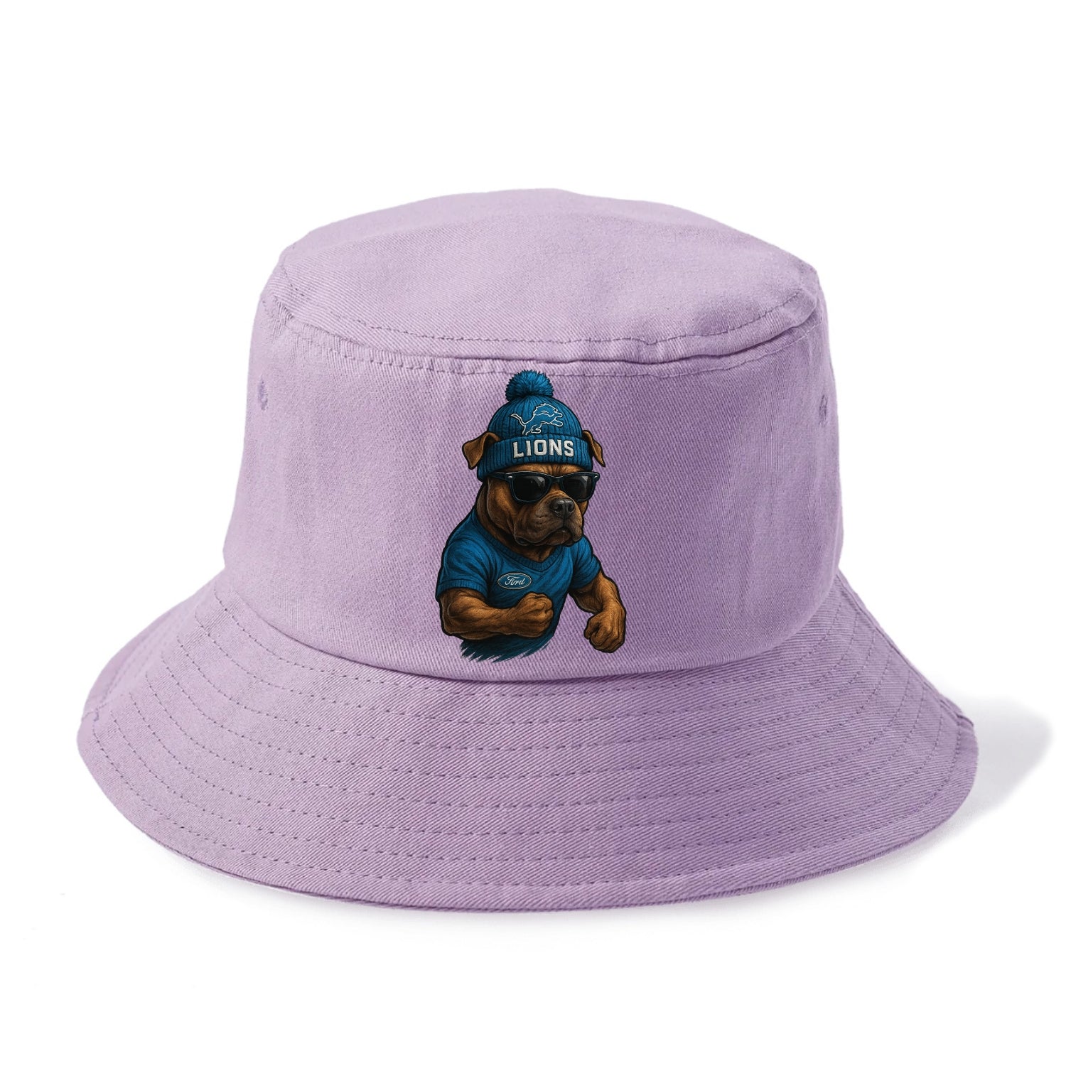 Detroit Pitbull wearing Lions beanie with auto patch and wayfarer sunglasses - Bucket Hat - Purple