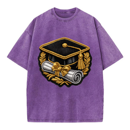 GRADUATION CAP - mortarboard with diploma in black and gold , achievement - Vintage T-shirt - Purple