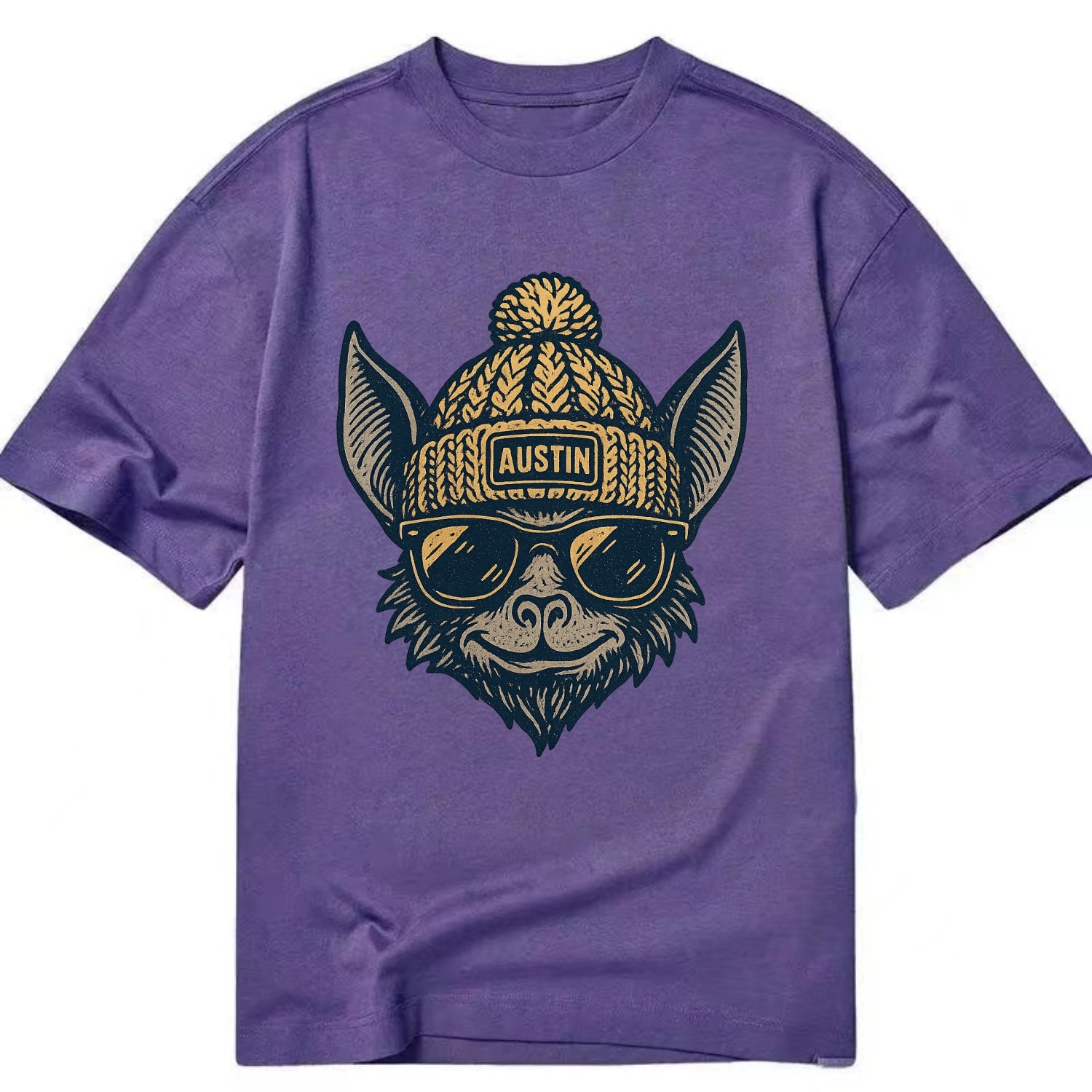 Austin Bat wearing Austin beanie with pom pom and wayfarer sunglasses - Classic T-shirt - Purple