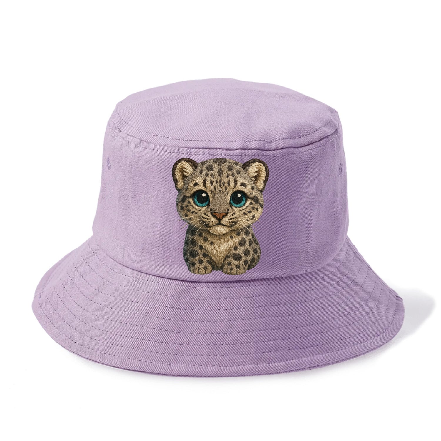 Baby Snow Leopard Cub - gray spotted, thick fur, blue-green eyes, front-facing, - Bucket Hat - Purple