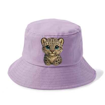Baby Snow Leopard Cub - gray spotted, thick fur, blue-green eyes, front-facing, - Bucket Hat - Purple