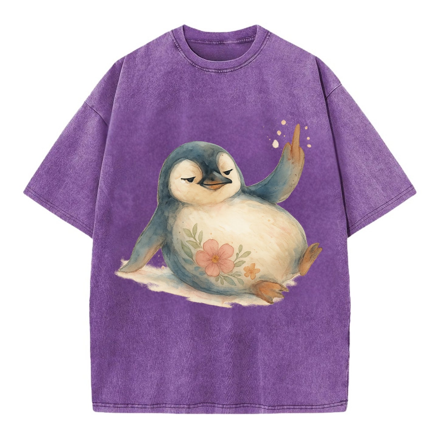 chubby penguin sliding on belly, one flipper up giving attitude - Vintage T-shirt - Purple
