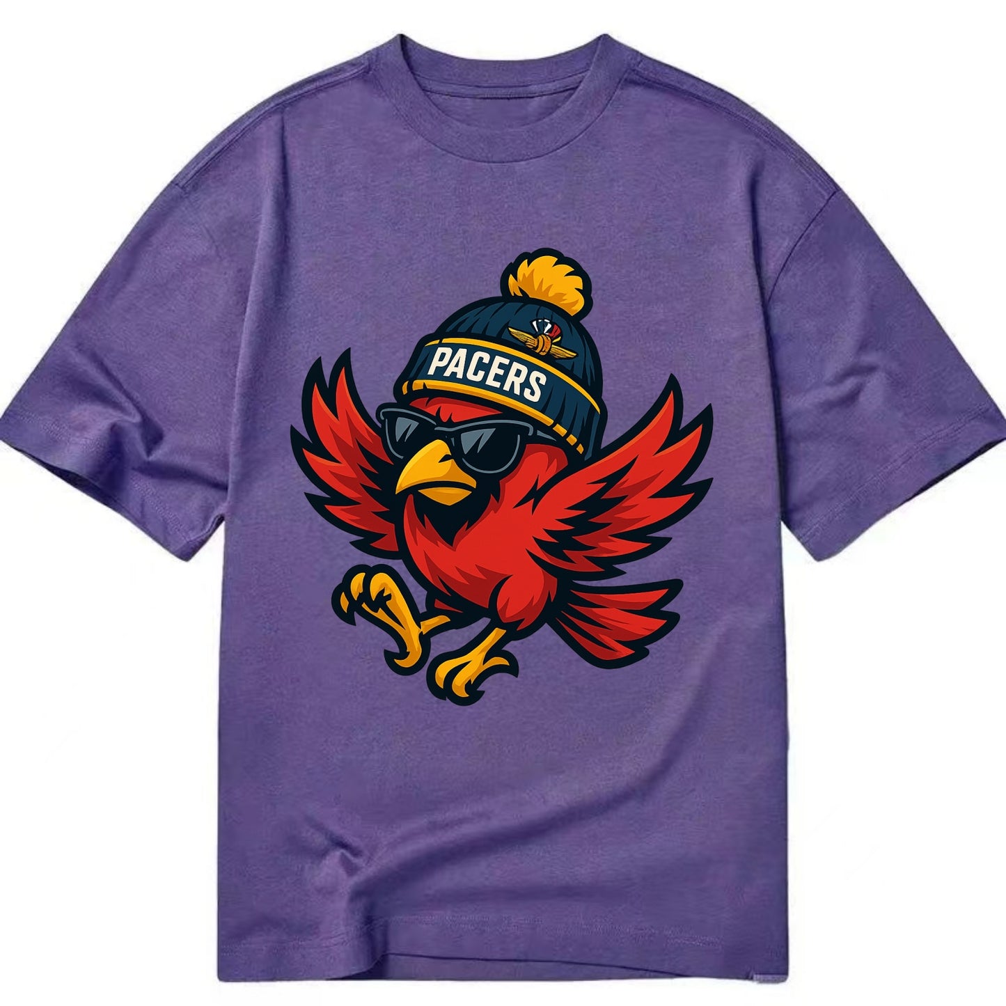 Indiana Cardinal wearing Pacers beanie with speedway patch and wayfarer sunglasses - Classic T-shirt - Purple