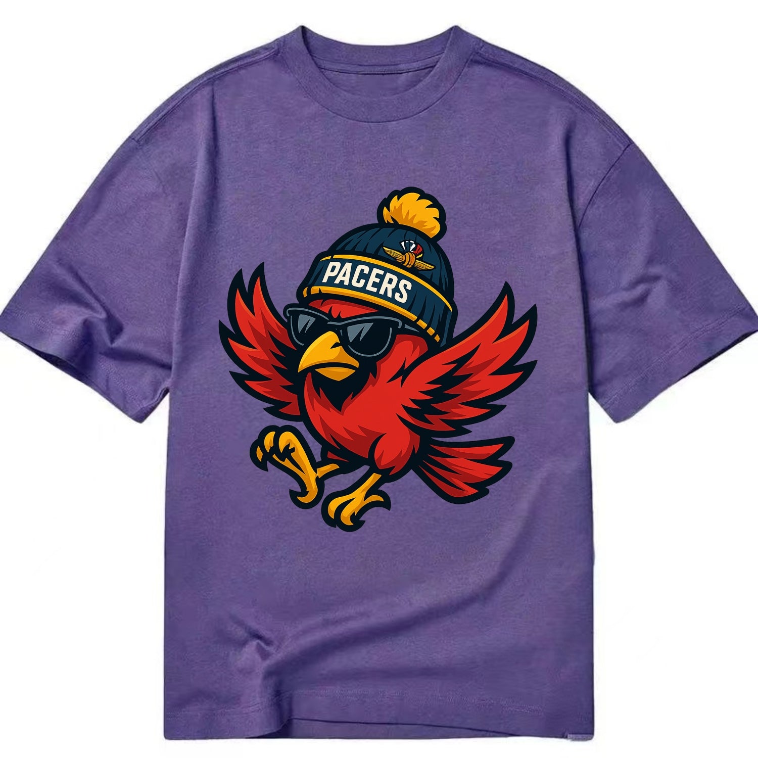 Indiana Cardinal wearing Pacers beanie with speedway patch and wayfarer sunglasses - Classic T-shirt - Purple