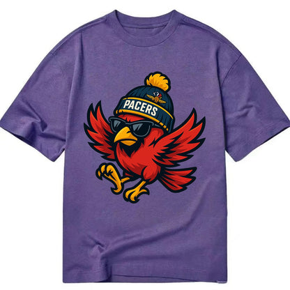 Indiana Cardinal wearing Pacers beanie with speedway patch and wayfarer sunglasses - Classic T-shirt - Purple