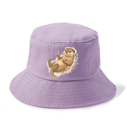 adorable otter floating on back, middle finger up while holding a shellfish - Bucket Hat - Purple