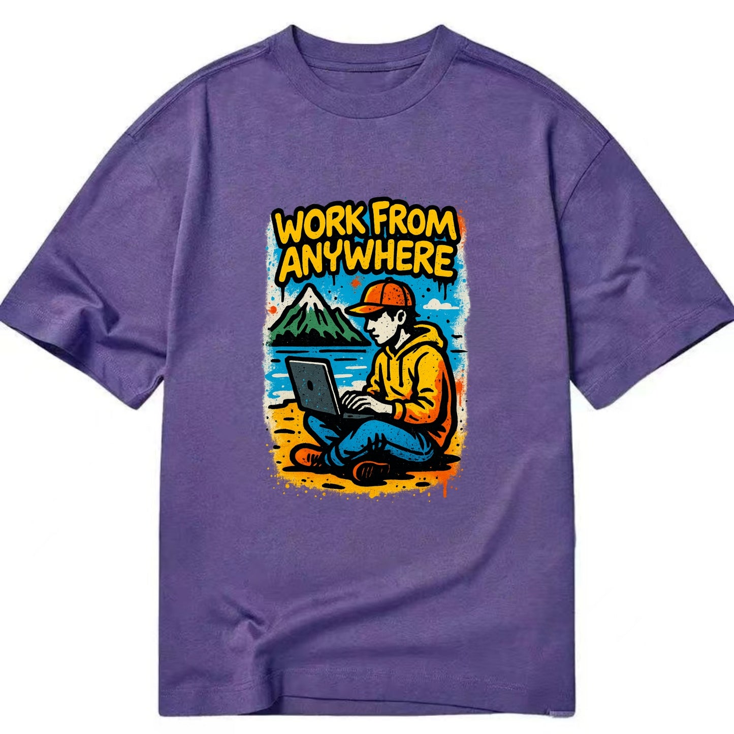 Digital nomad with laptop on beach/mountain - work from anywhere lifestyle, - Classic T-shirt - Purple