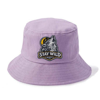 STAY WILD - wolf with text in gray , free spirit - Bucket Hat - Purple