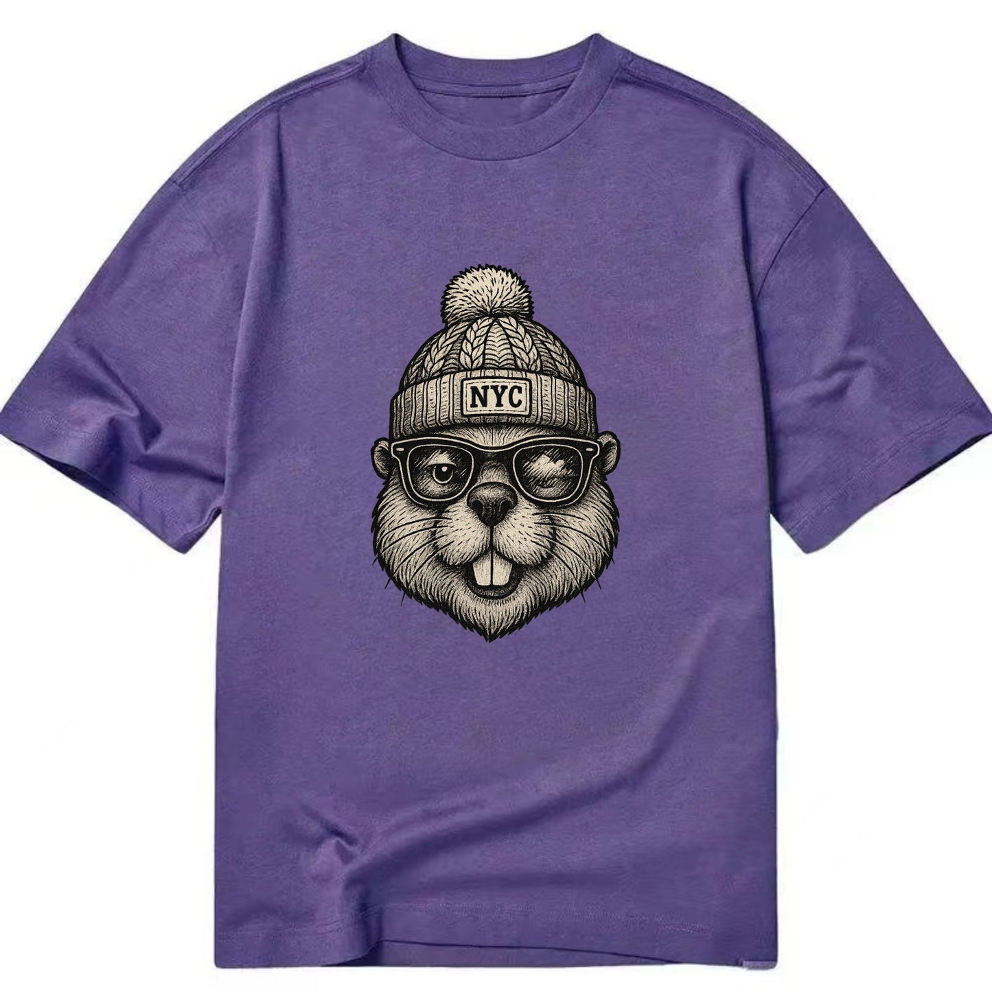 New York Beaver wearing NYC beanie with pom pom and wayfarer sunglasses - Classic T-shirt - Purple