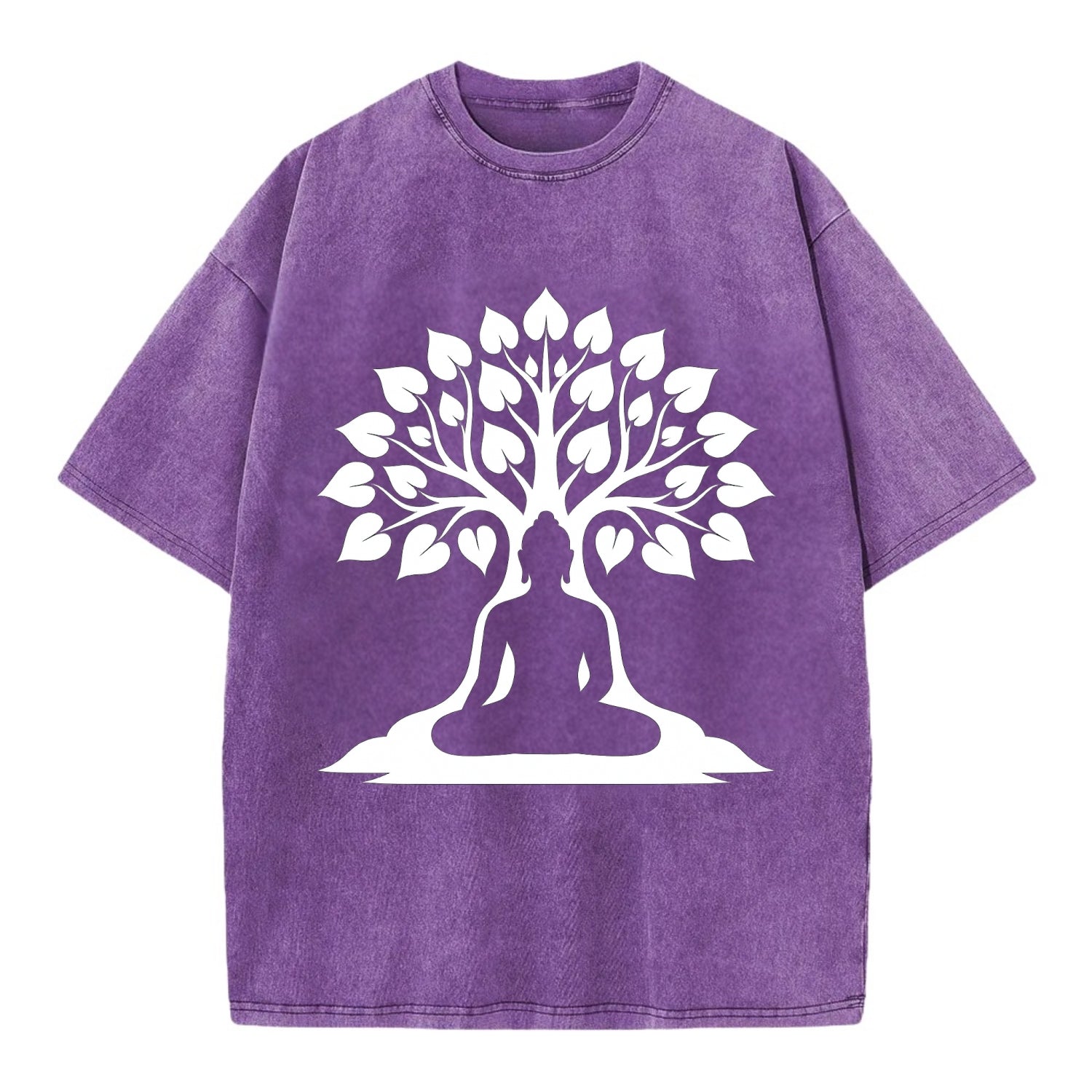 Buddha silhouette meditating - negative space forms bodhi tree - Vintage T-shirt - Purple