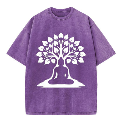 Buddha silhouette meditating - negative space forms bodhi tree - Vintage T-shirt - Purple