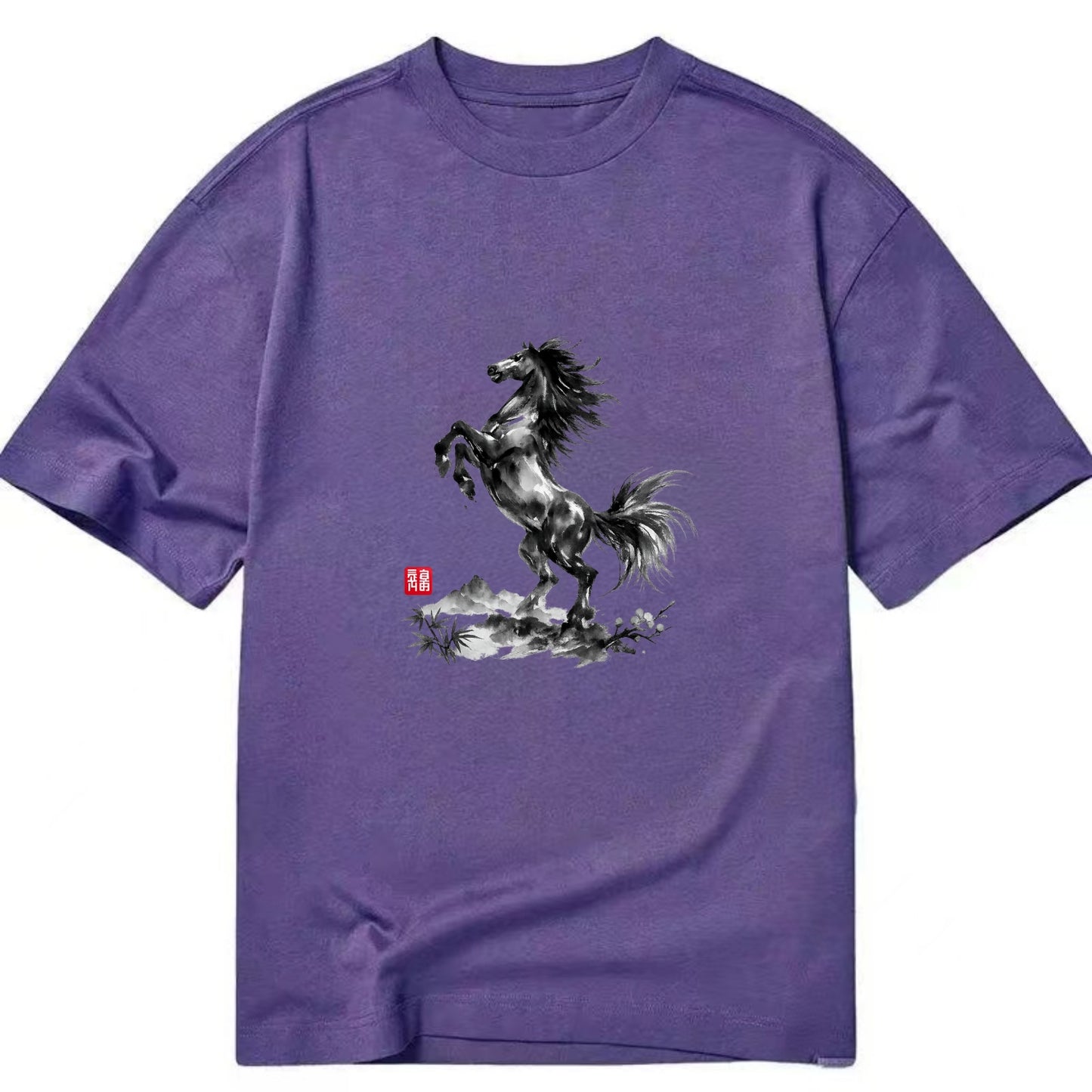 WILD STALLION | Powerful stallion rearing up | Windswept mane and tail | Mountain - Classic T-shirt - Purple
