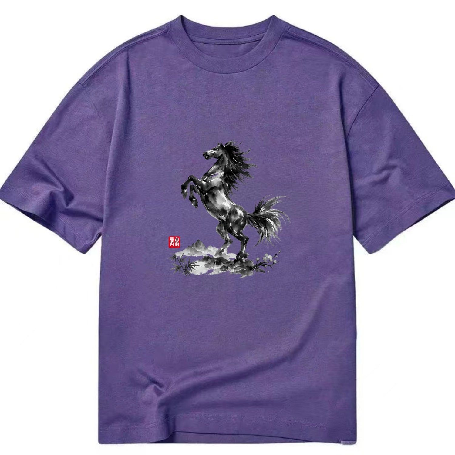 WILD STALLION | Powerful stallion rearing up | Windswept mane and tail | Mountain - Classic T-shirt - Purple
