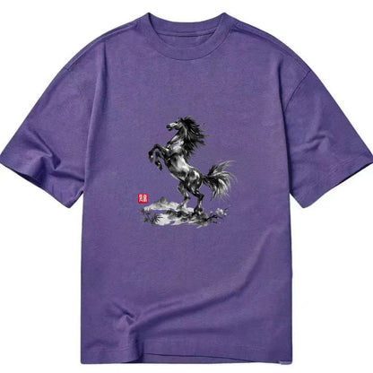 WILD STALLION | Powerful stallion rearing up | Windswept mane and tail | Mountain - Classic T-shirt - Purple