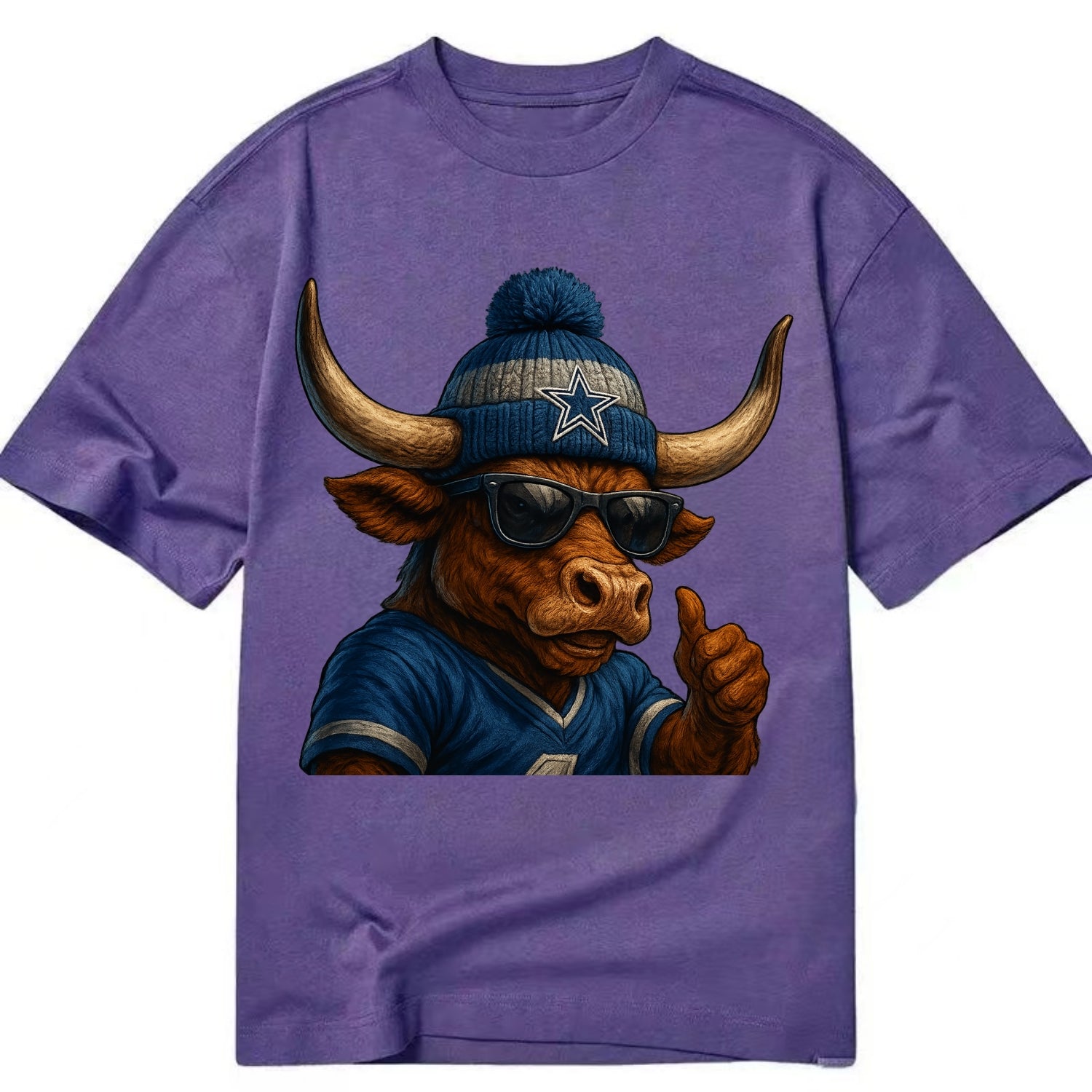 Texas Longhorn wearing Cowboys silver and blue beanie with star and wayfarer - Classic T-shirt - Purple