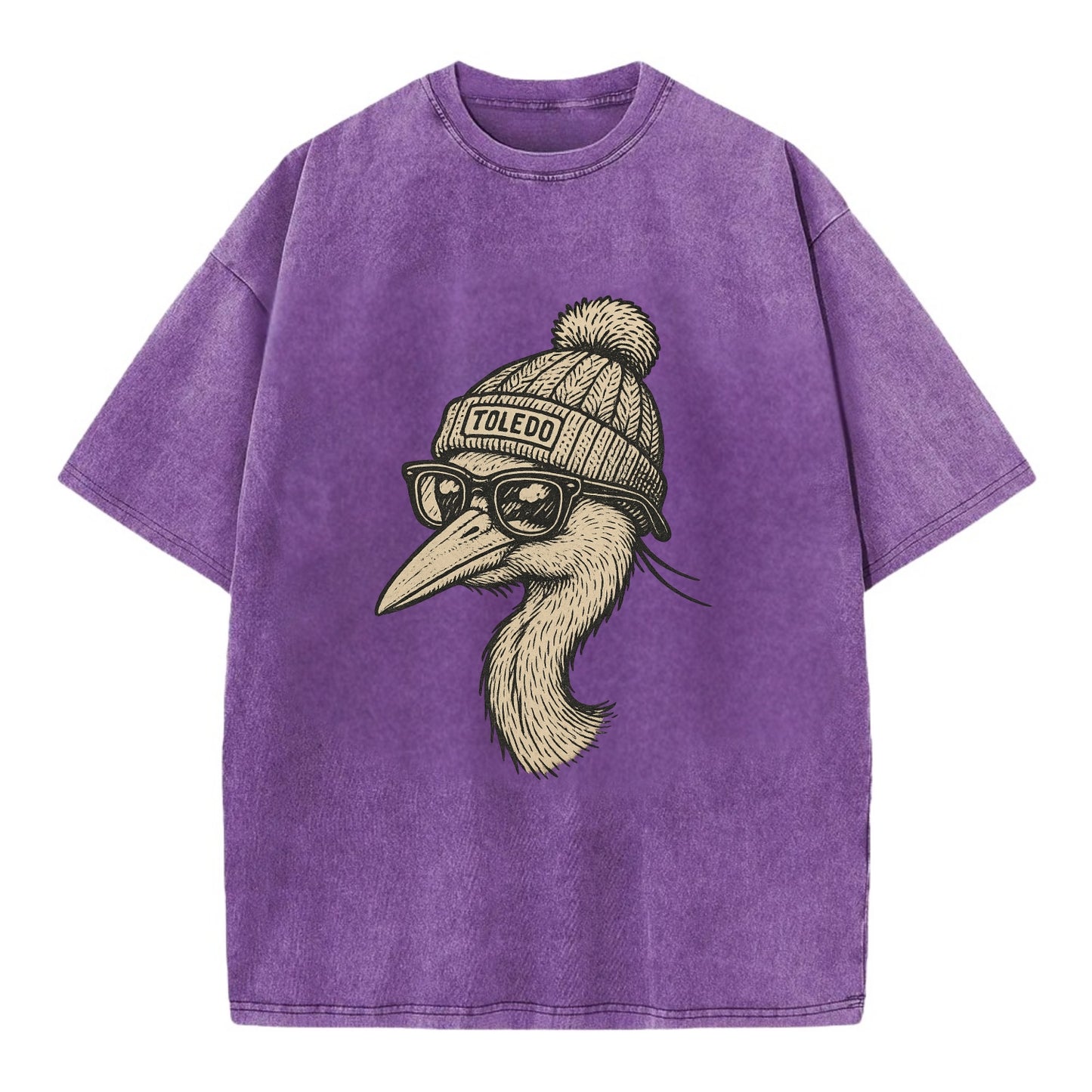 Toledo Great Blue Heron wearing Toledo beanie with pom pom and wayfarer sunglasses - Vintage T-shirt - Purple