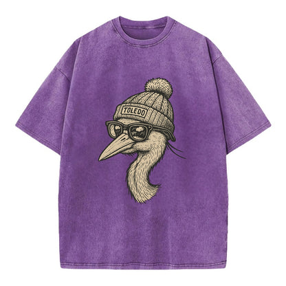 Toledo Great Blue Heron wearing Toledo beanie with pom pom and wayfarer sunglasses - Vintage T-shirt - Purple
