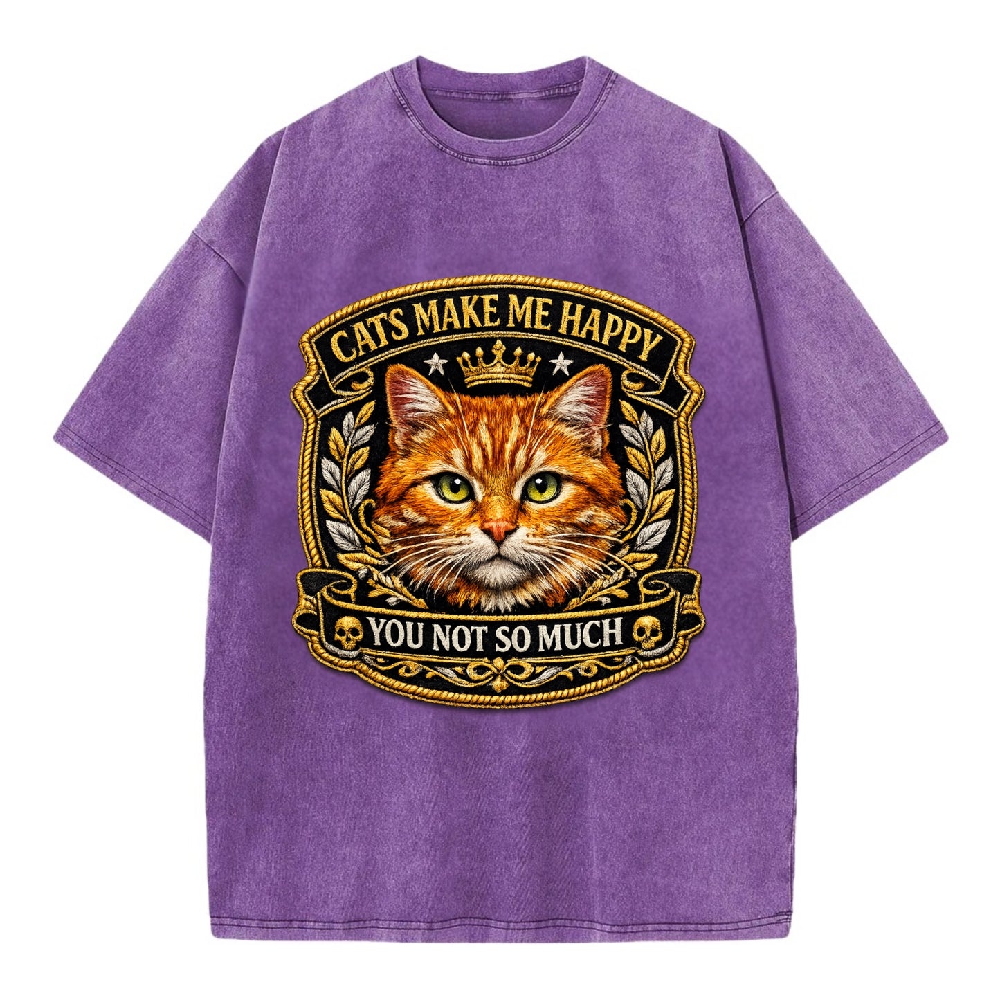 CATS MAKE ME HAPPY YOU NOT SO MUCH - cat face in orange , cat preference - Vintage T-shirt - Purple