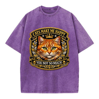 CATS MAKE ME HAPPY YOU NOT SO MUCH - cat face in orange , cat preference - Vintage T-shirt - Purple
