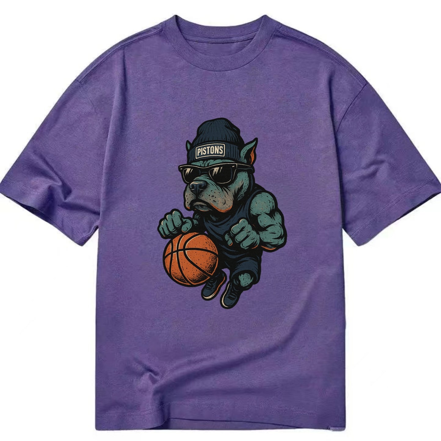 Detroit Pitbull wearing Pistons beanie with chrome patch and wayfarer sunglasses - Classic T-shirt - Purple
