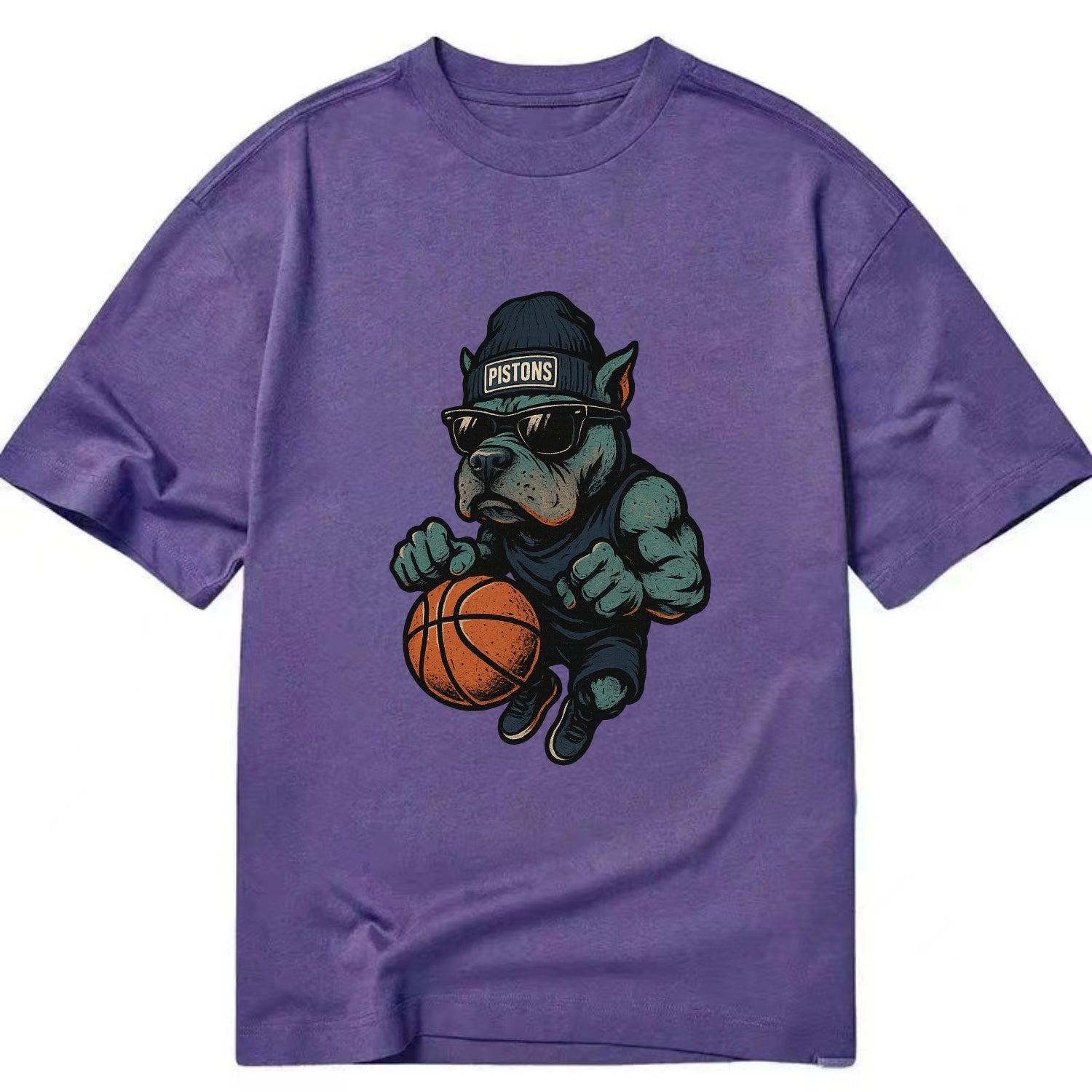Detroit Pitbull wearing Pistons beanie with chrome patch and wayfarer sunglasses - Classic T-shirt - Purple