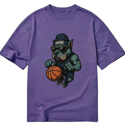 Detroit Pitbull wearing Pistons beanie with chrome patch and wayfarer sunglasses - Classic T-shirt - Purple