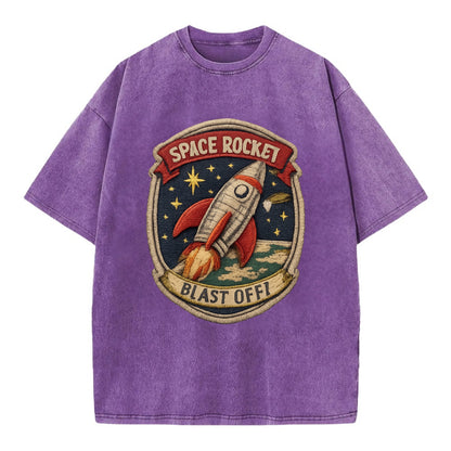 RETRO ROCKET - 1950s space rocket in silver and red , atomic age - Vintage T-shirt - Purple