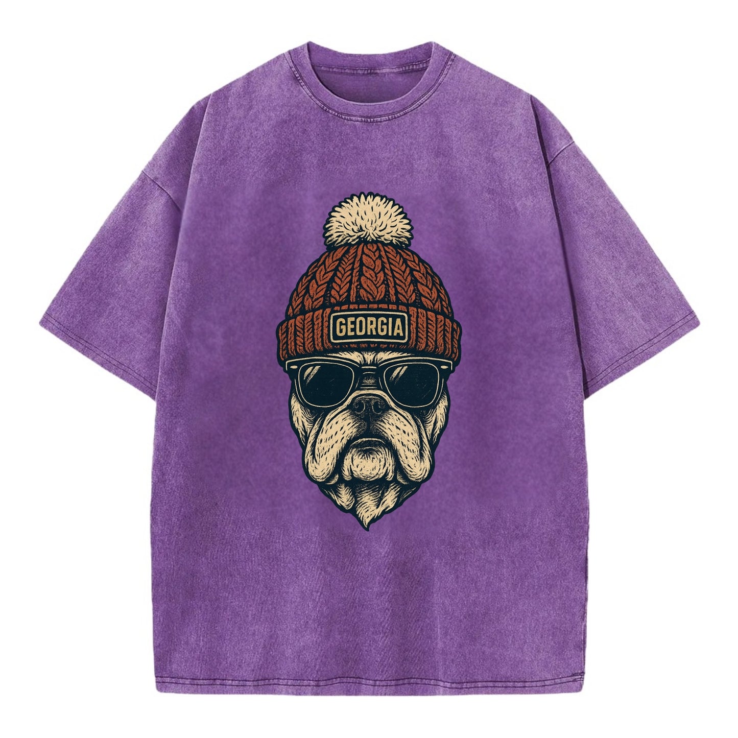 Athens Bulldog wearing Georgia beanie wi - Vintage T-shirt - Purple