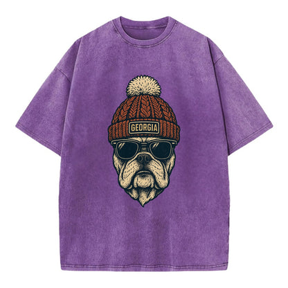 Athens Bulldog wearing Georgia beanie wi - Vintage T-shirt - Purple