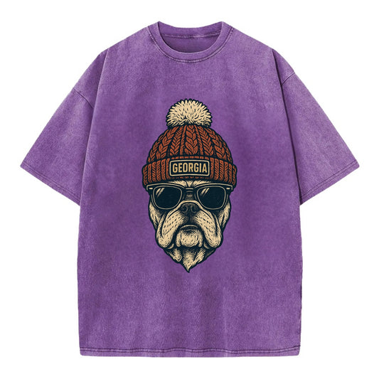 Athens Bulldog wearing Georgia beanie wi - Vintage T-shirt - Purple