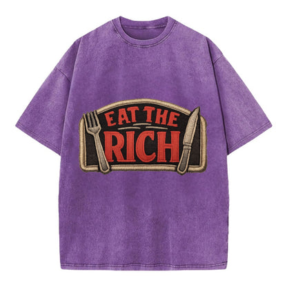 EAT THE RICH - fork and knife with text in red and silver , class war - Vintage T-shirt - Purple
