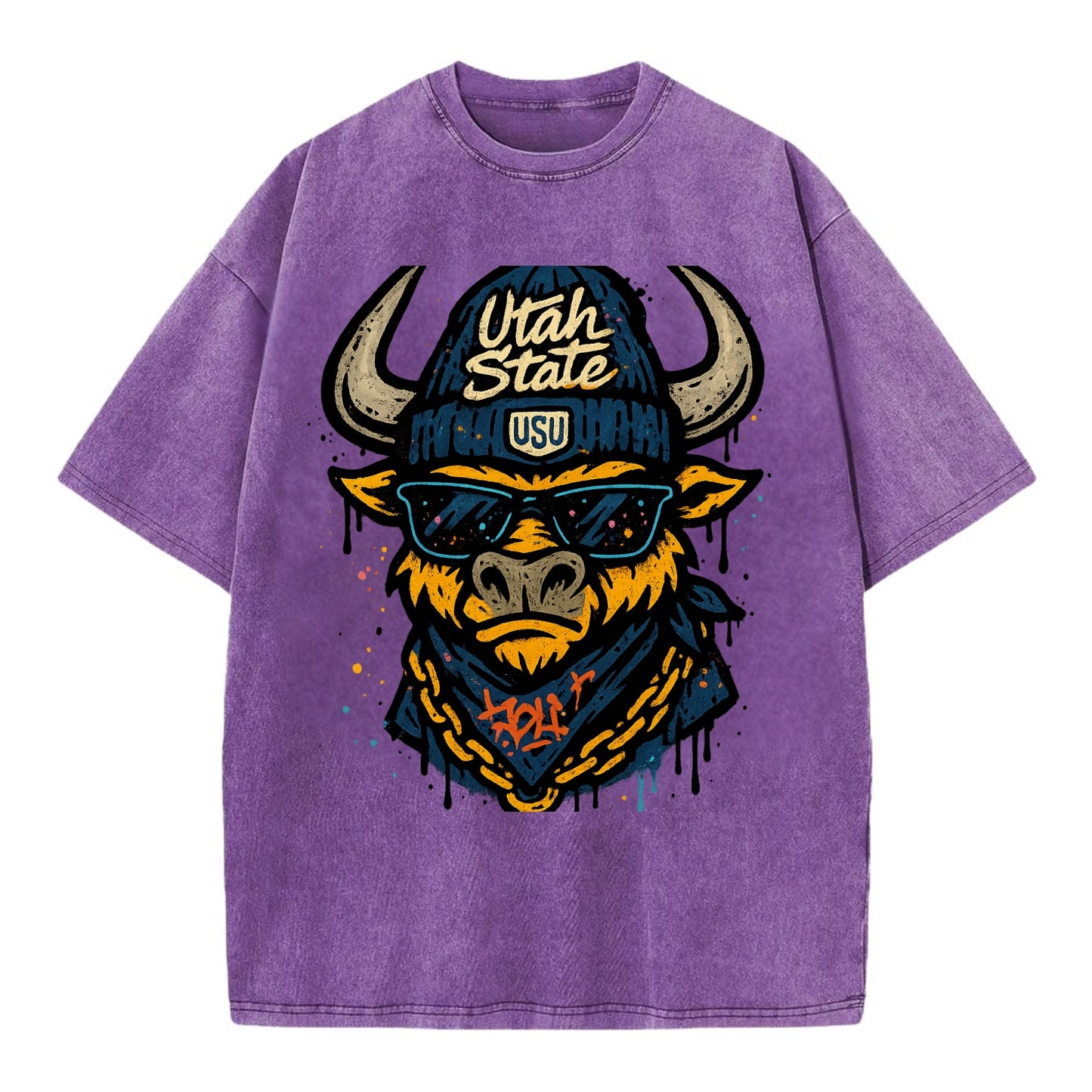Logan Aggie wearing Utah State beanie with USU patch - Vintage T-shirt - Purple