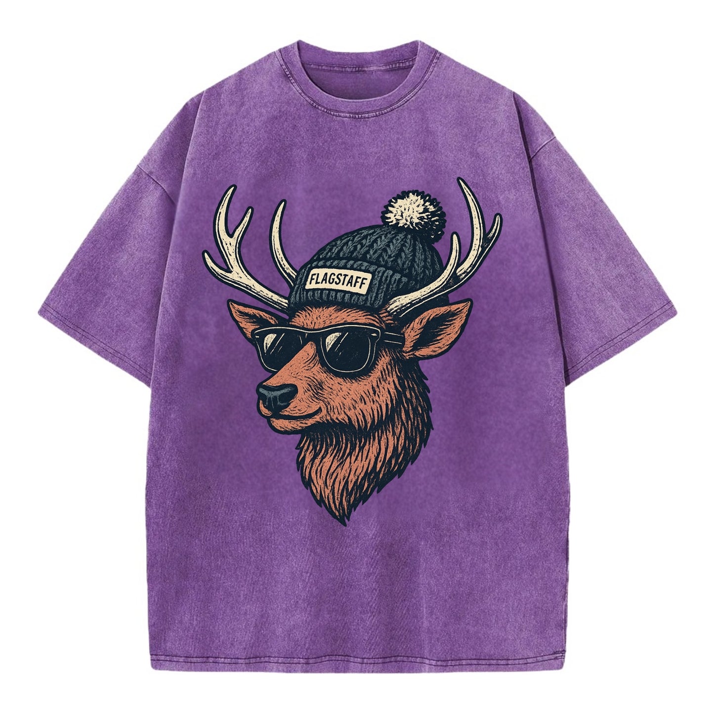 Flagstaff Elk wearing Flagstaff beanie with pom pom and wayfarer sunglasses - Vintage T-shirt - Purple