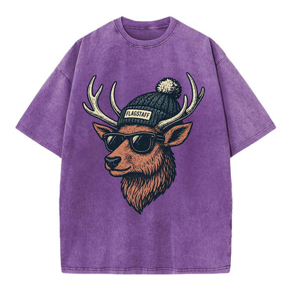 Flagstaff Elk wearing Flagstaff beanie with pom pom and wayfarer sunglasses - Vintage T-shirt - Purple