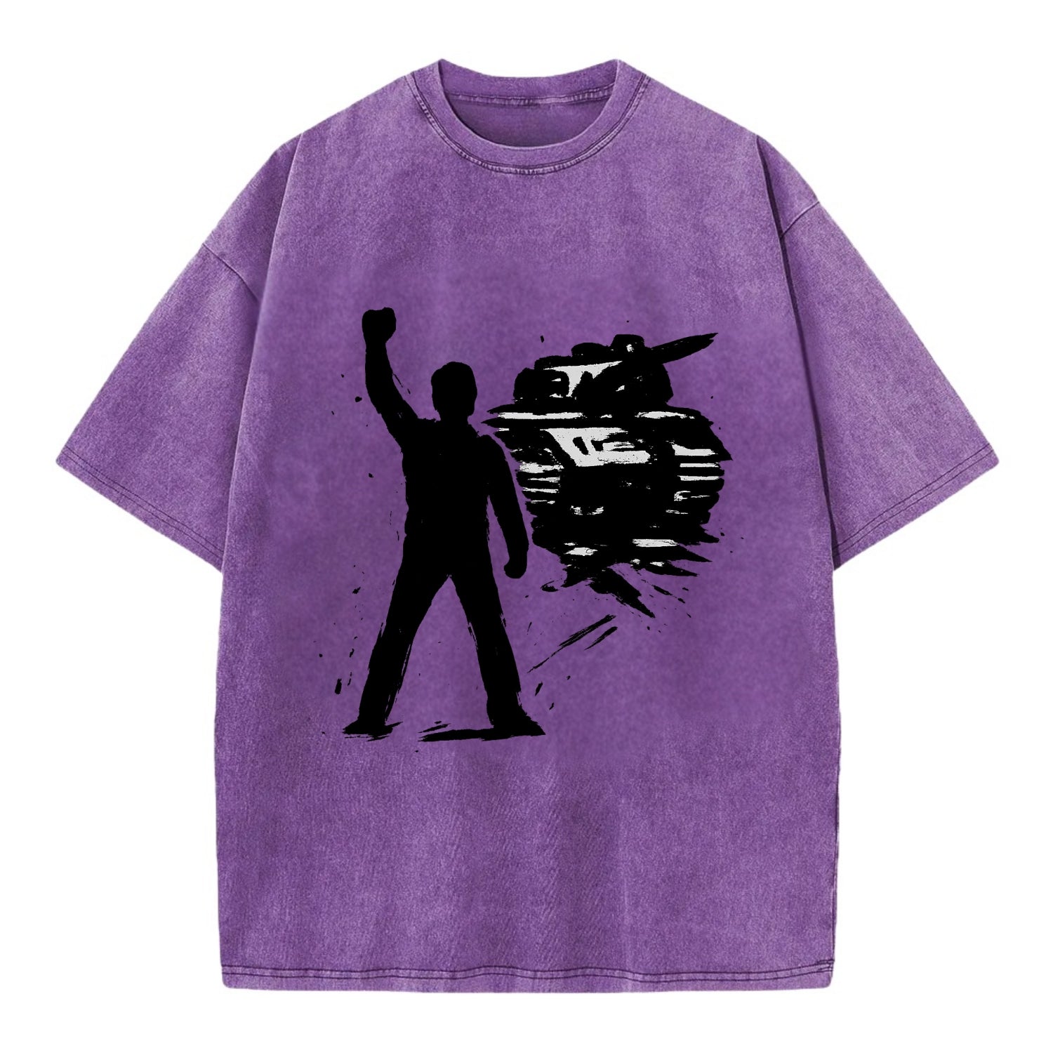 Single figure standing against tank - courage and resistance ink art - Vintage T-shirt - Purple