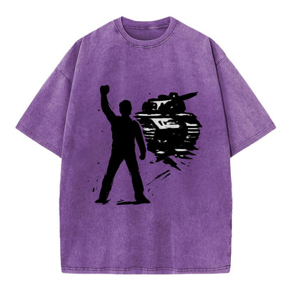 Single figure standing against tank - courage and resistance ink art - Vintage T-shirt - Purple