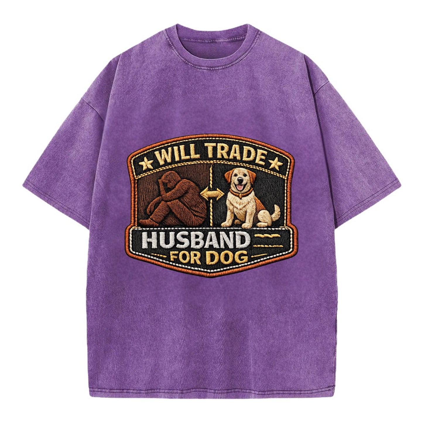 WILL TRADE HUSBAND FOR DOG - dog and man silhouette in brown , pet priority - Vintage T-shirt - Purple