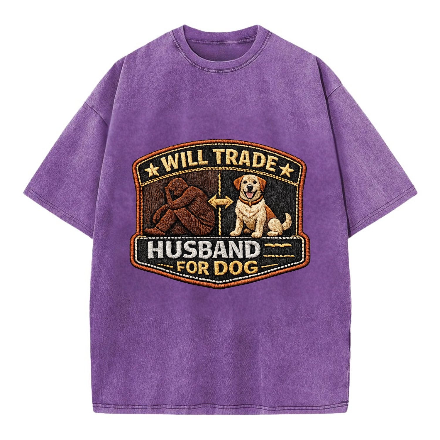 WILL TRADE HUSBAND FOR DOG - dog and man silhouette in brown , pet priority - Vintage T-shirt - Purple