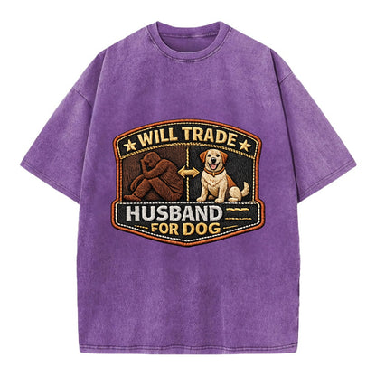 WILL TRADE HUSBAND FOR DOG - dog and man silhouette in brown , pet priority - Vintage T-shirt - Purple