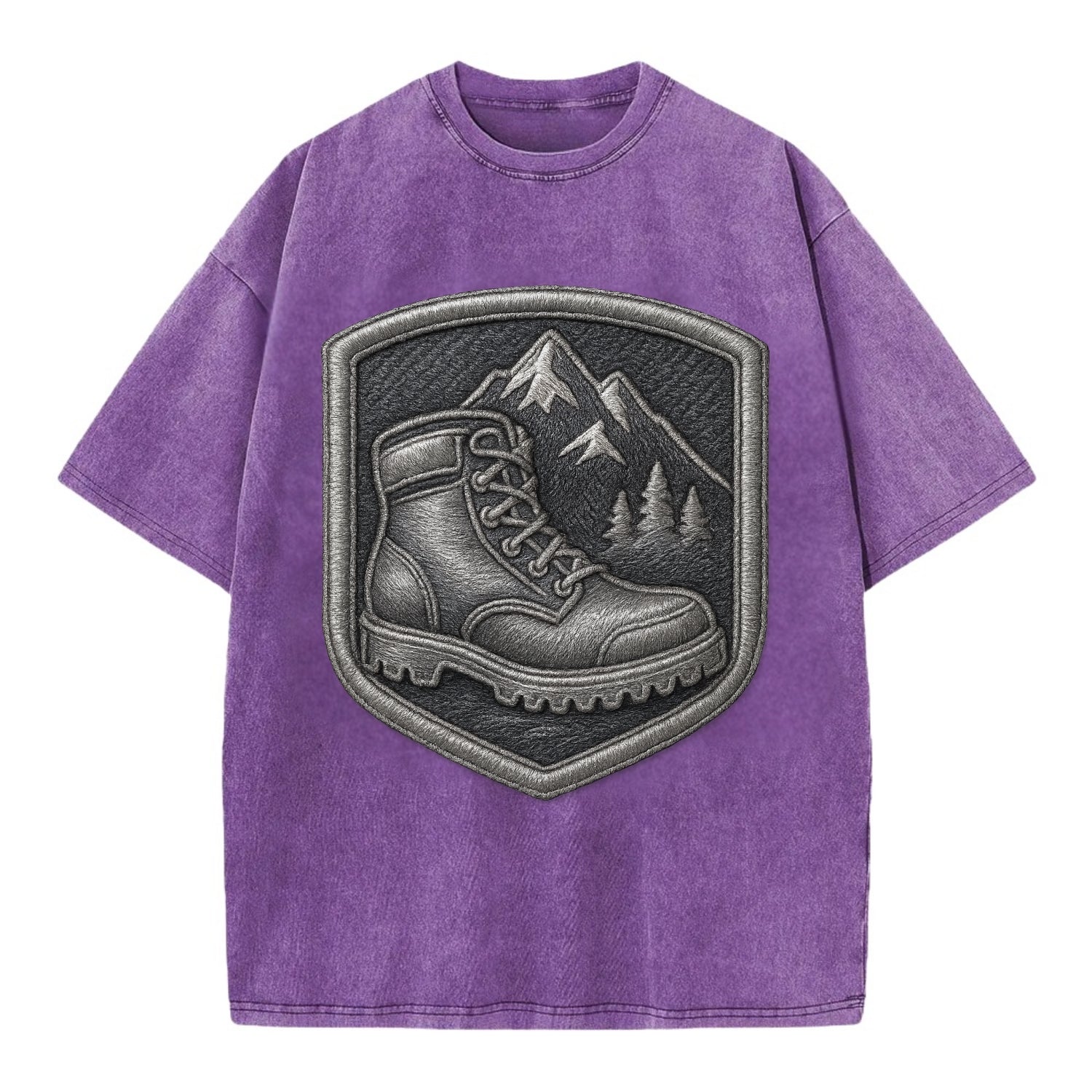 Hiking boots with mountain peak - hiker pride - Vintage T-shirt - Purple