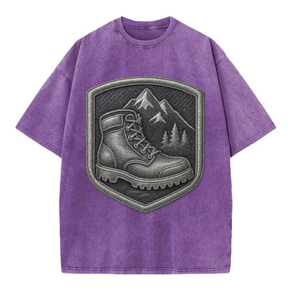 Hiking boots with mountain peak - hiker pride - Vintage T-shirt - Purple