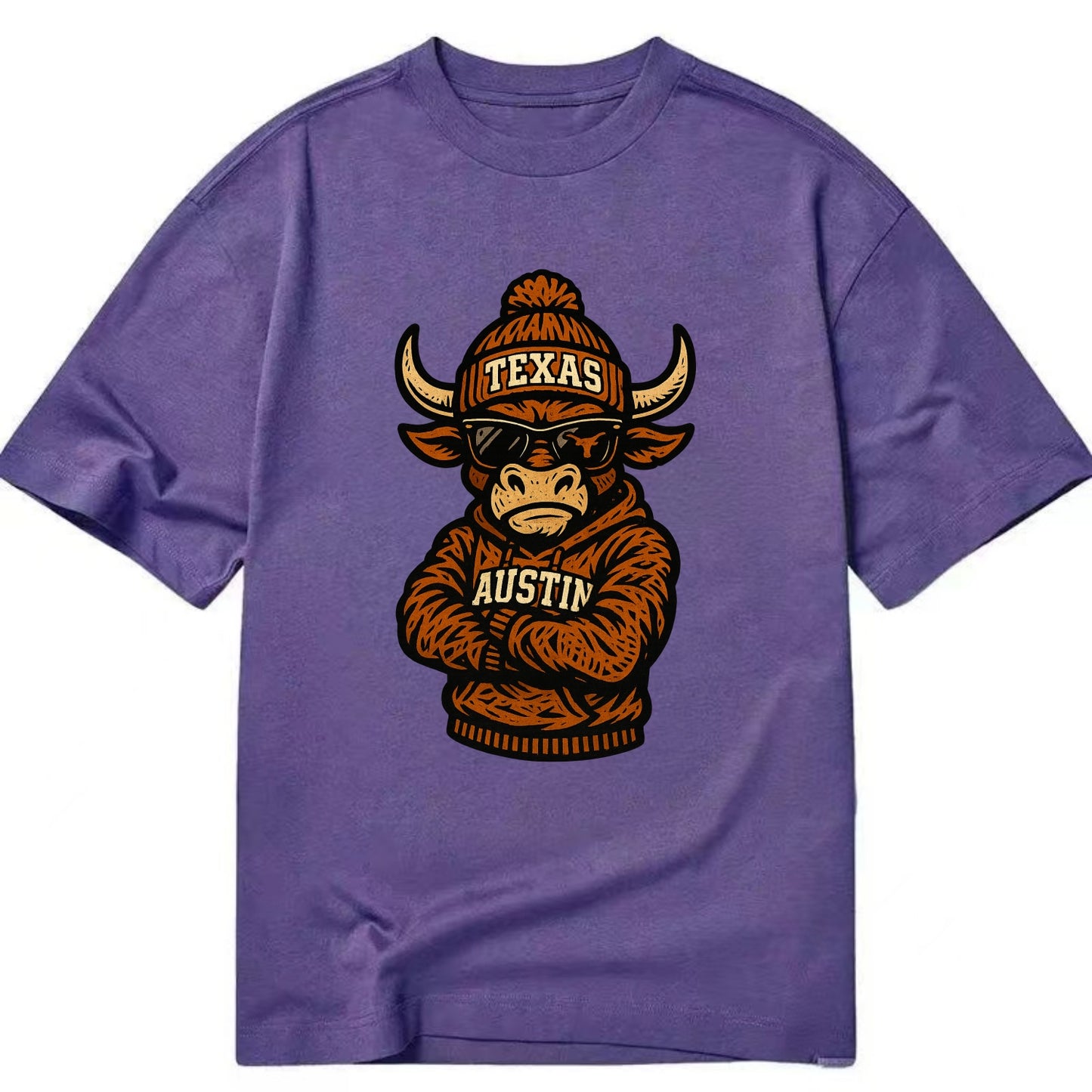 Austin Bevo wearing Texas beanie with longhorn patch - Classic T-shirt - Purple
